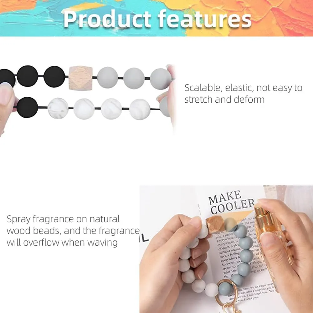 Silicone Key Ring Bracelet Wristlet Keychain Unique Beaded Bangle Key Chains for Women with Leather Tassel