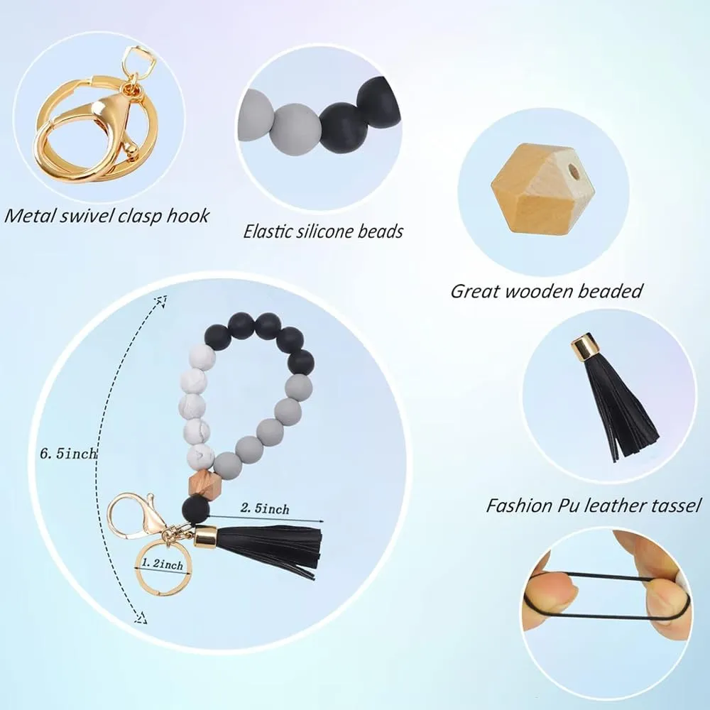 Silicone Key Ring Bracelet Wristlet Keychain Unique Beaded Bangle Key Chains for Women with Leather Tassel