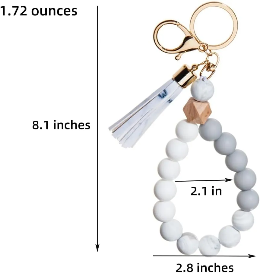 Silicone Key Ring Bracelet Wristlet Keychain Unique Beaded Bangle Key Chains for Women with Leather Tassel