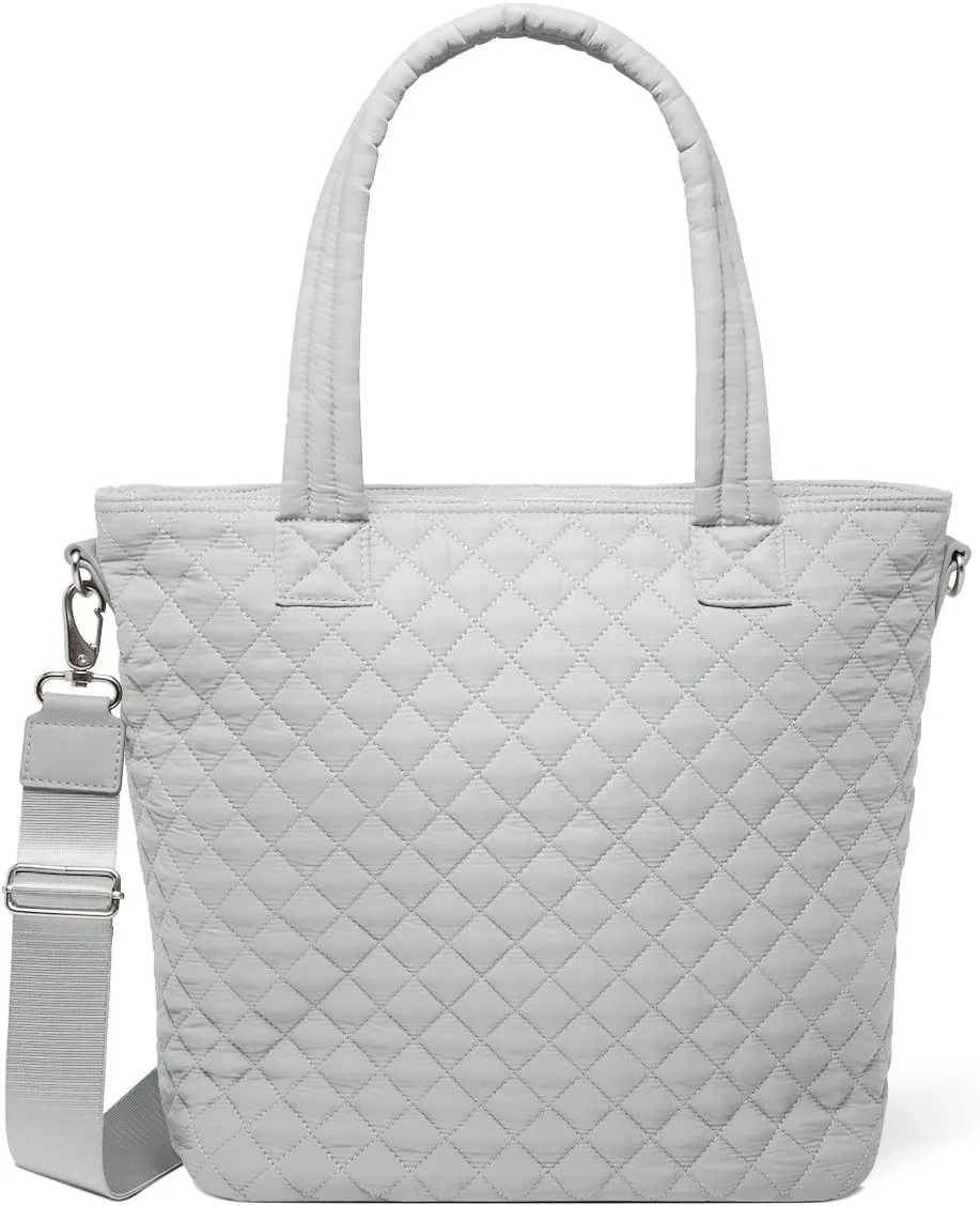 Simple Modern Quilted Tote Bag for Women | Medium Size w/Compartments & Laptop Sleeve | Adjustable Strap | Zipper Top