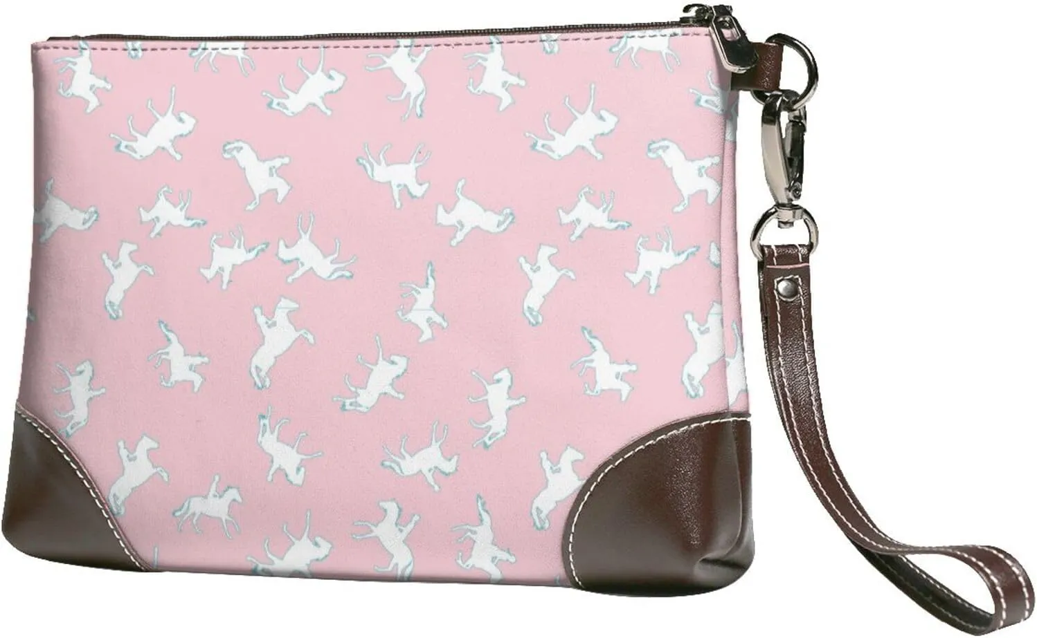 Small Clutch Purses for Women - Modern Knight Horse White Pink Leather Wristlet Wallets for Women with Wrist Strap