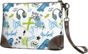 Small Clutch Purses for Women - Modern Skateboard Headphones Leather Wristlet Wallets for Women with Wrist Strap