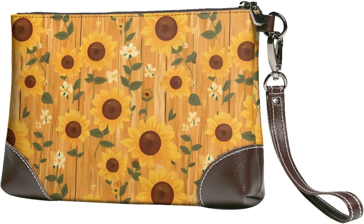 Small Clutch Purses for Women - Modern Wood Grain Sunflower Leather Wristlet Wallets for Women with Wrist Strap