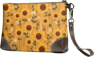 Small Clutch Purses for Women - Modern Wood Grain Sunflower Leather Wristlet Wallets for Women with Wrist Strap