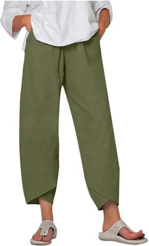 SMIDOW Capri Pants for Women Cotton Linen Wide Leg Capris Casual Summer Cropped Pants Beach Elastic Waist Baggy Crop Trousers