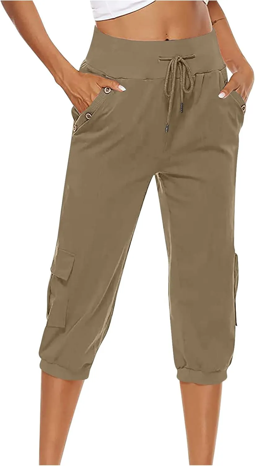 SMIDOW Capri Pants for Women Dressy Casual Drawstring Elastic High Waist Cotton Linen Trousers Active Running Sweatpants