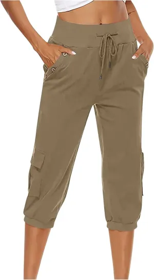 SMIDOW Capri Pants for Women Dressy Casual Drawstring Elastic High Waist Cotton Linen Trousers Active Running Sweatpants