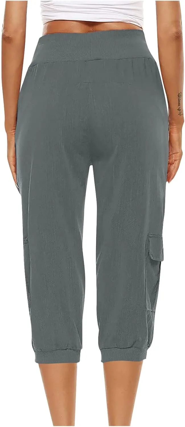 SMIDOW Capri Pants for Women Dressy Casual Drawstring Elastic High Waist Cotton Linen Trousers Active Running Sweatpants