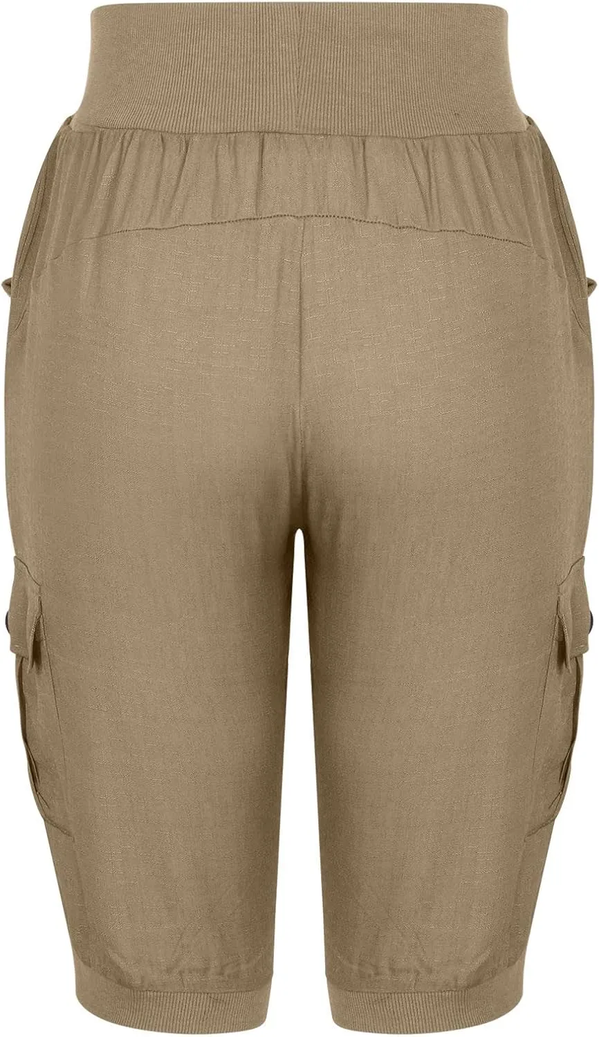 SMIDOW Capri Pants for Women Dressy Casual Drawstring Elastic High Waist Cotton Linen Trousers Active Running Sweatpants