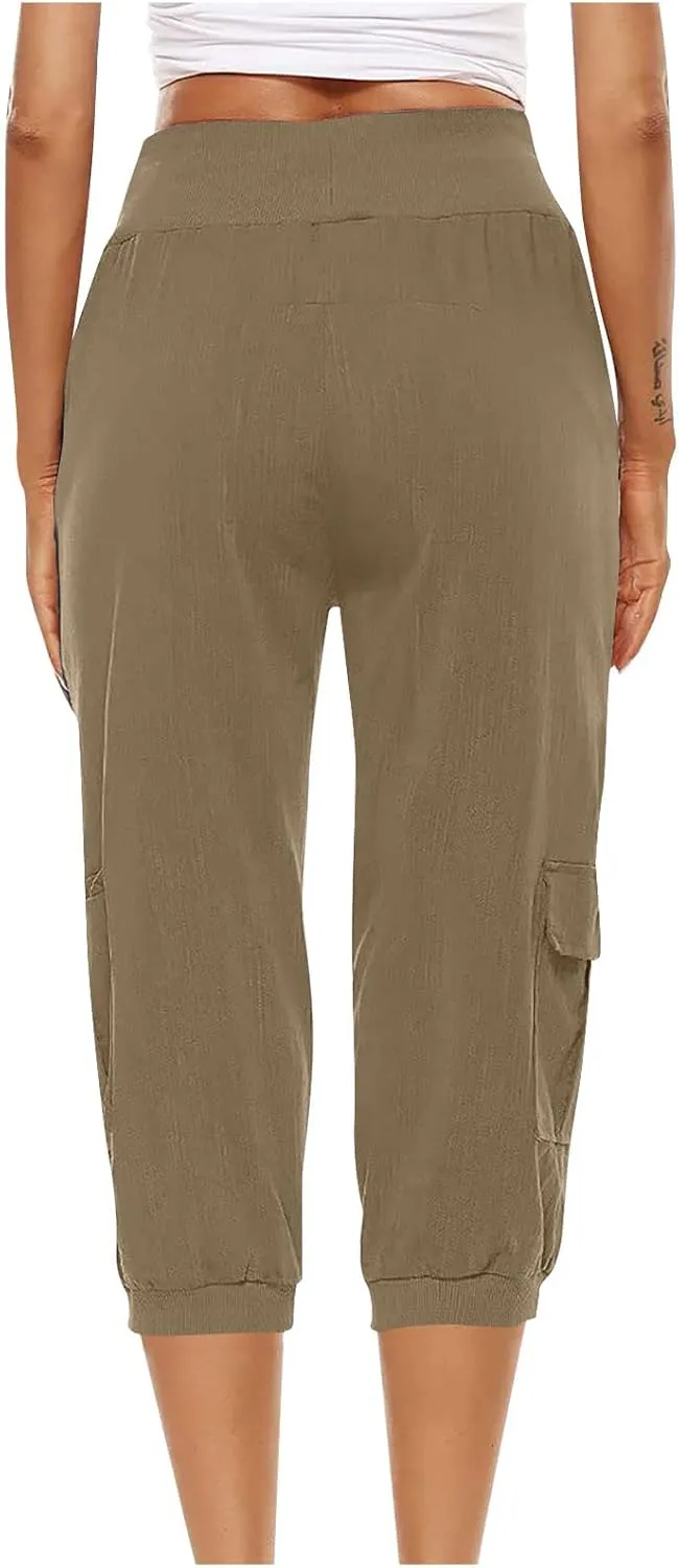 SMIDOW Capri Pants for Women Dressy Casual Drawstring Elastic High Waist Cotton Linen Trousers Active Running Sweatpants
