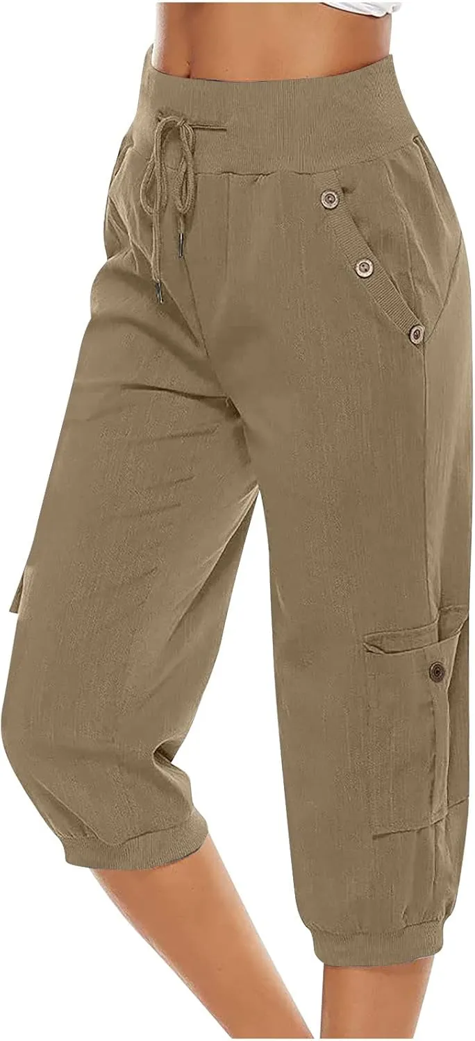 SMIDOW Capri Pants for Women Dressy Casual Drawstring Elastic High Waist Cotton Linen Trousers Active Running Sweatpants