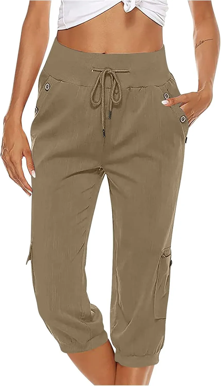 SMIDOW Capri Pants for Women Dressy Casual Drawstring Elastic High Waist Cotton Linen Trousers Active Running Sweatpants