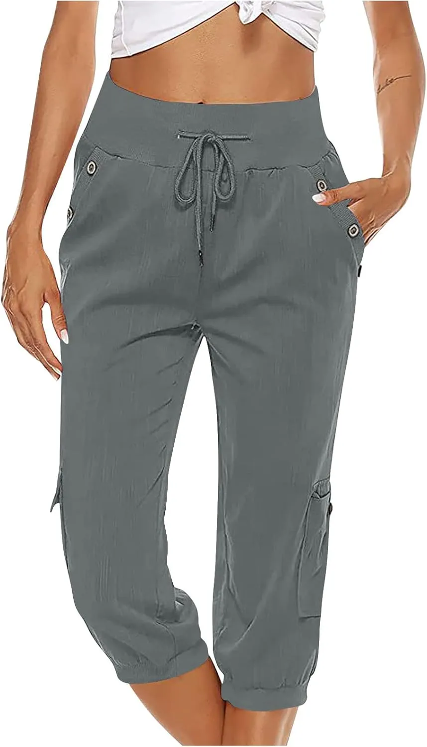 SMIDOW Capri Pants for Women Dressy Casual Drawstring Elastic High Waist Cotton Linen Trousers Active Running Sweatpants