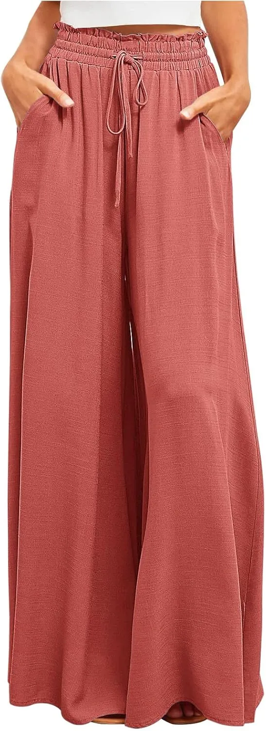 SMIDOW Palazzo Pants for Women Dressy Casual 2024 High Waist Wide Leg Flowy Pants Loose Long Lounge Trousers