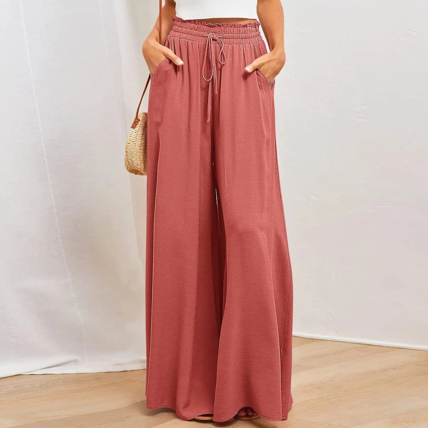 SMIDOW Palazzo Pants for Women Dressy Casual 2024 High Waist Wide Leg Flowy Pants Loose Long Lounge Trousers