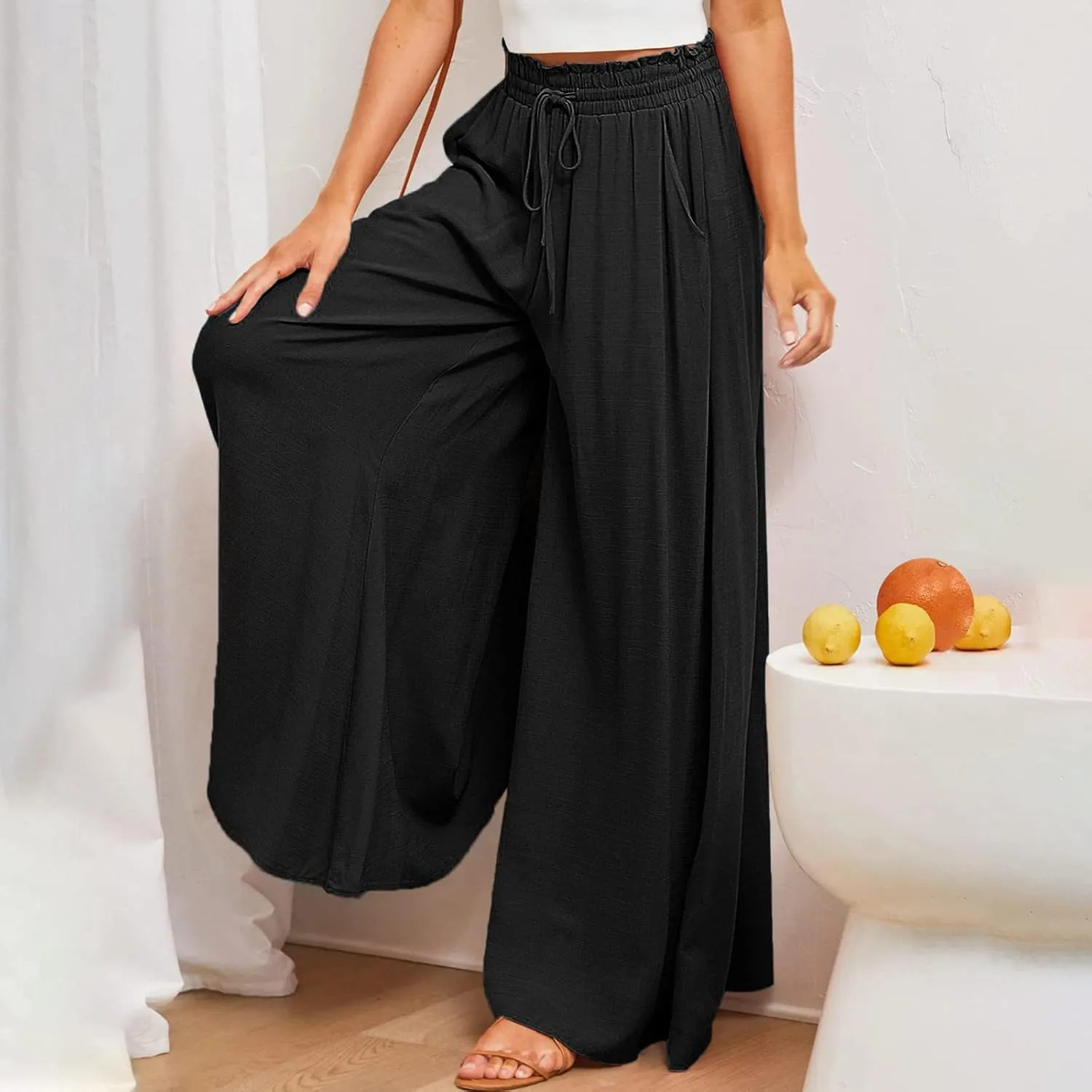 SMIDOW Palazzo Pants for Women Dressy Casual 2024 High Waist Wide Leg Flowy Pants Loose Long Lounge Trousers