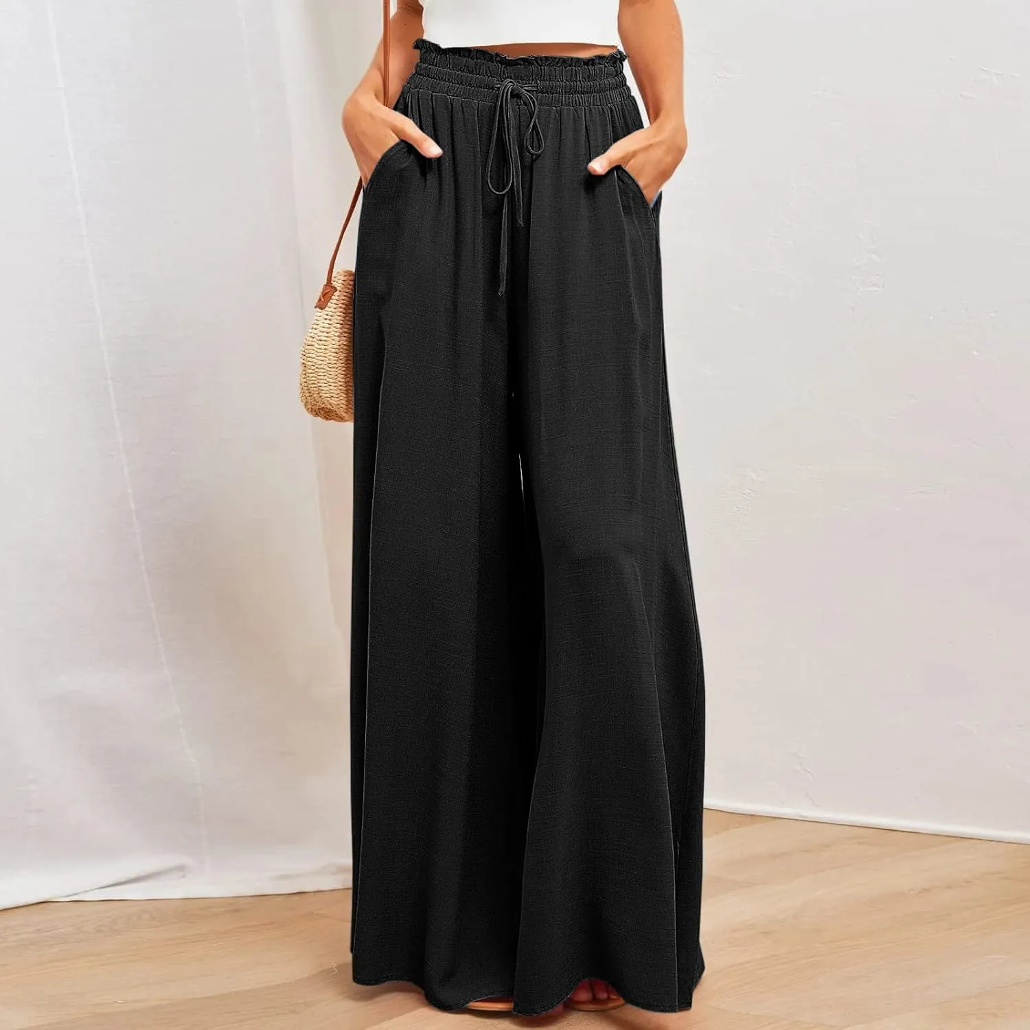 SMIDOW Palazzo Pants for Women Dressy Casual 2024 High Waist Wide Leg Flowy Pants Loose Long Lounge Trousers