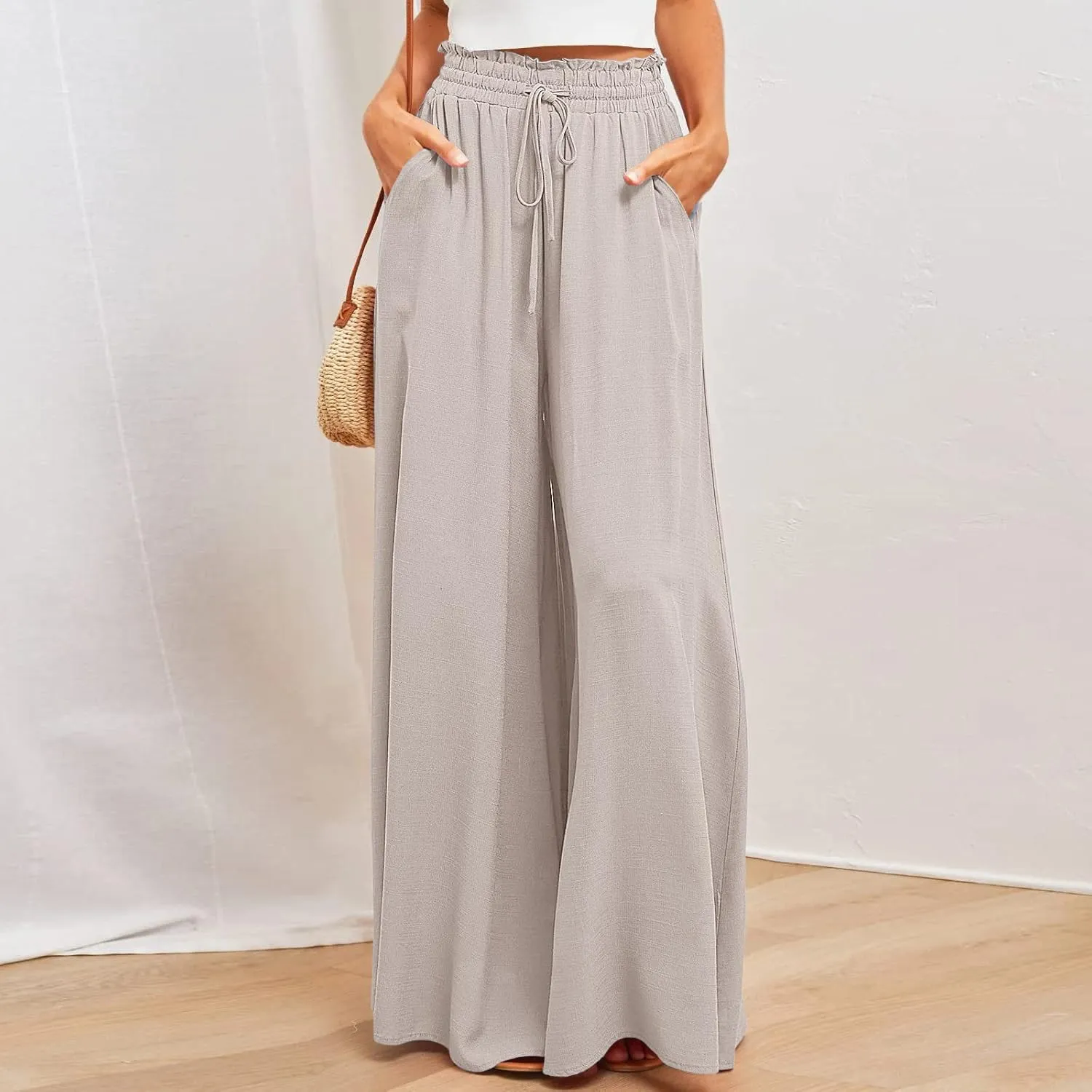 SMIDOW Palazzo Pants for Women Dressy Casual 2024 High Waist Wide Leg Flowy Pants Loose Long Lounge Trousers