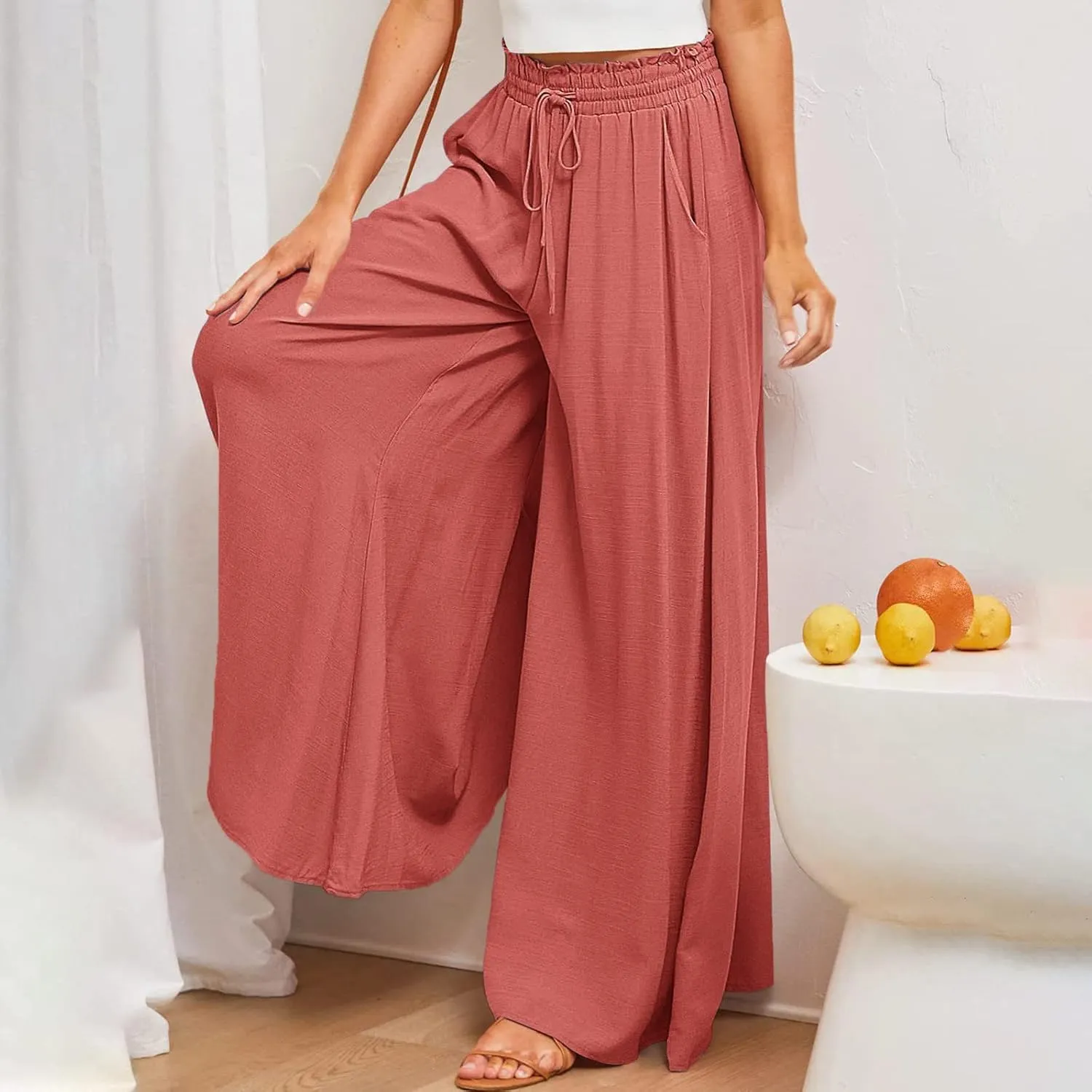 SMIDOW Palazzo Pants for Women Dressy Casual 2024 High Waist Wide Leg Flowy Pants Loose Long Lounge Trousers