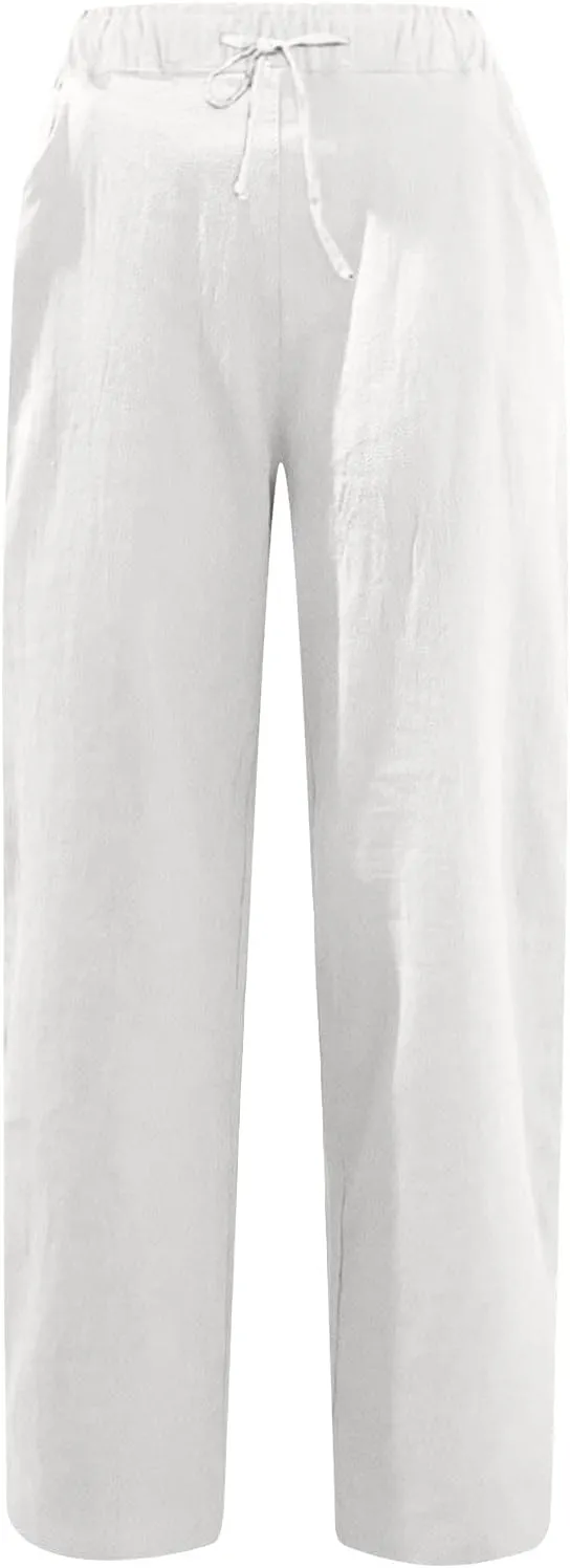 SMIDOW Women's Capris and Cropped Pants Drawstring Elastic High Waist Straight Leg Casual Loose Lounge Linen Pant Trousers