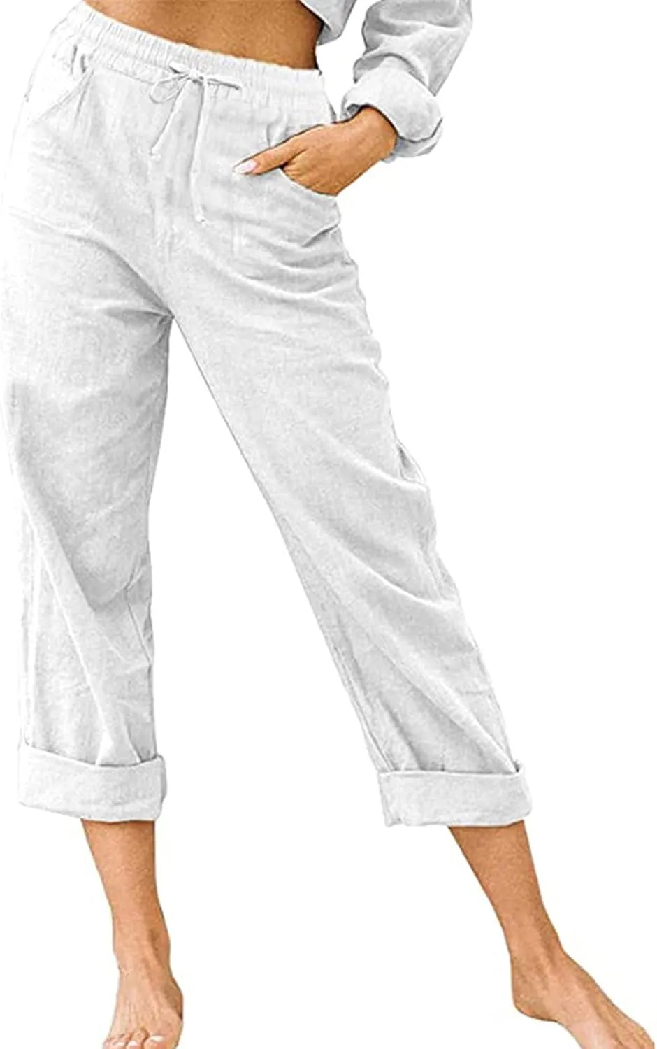 SMIDOW Women's Capris and Cropped Pants Drawstring Elastic High Waist Straight Leg Casual Loose Lounge Linen Pant Trousers