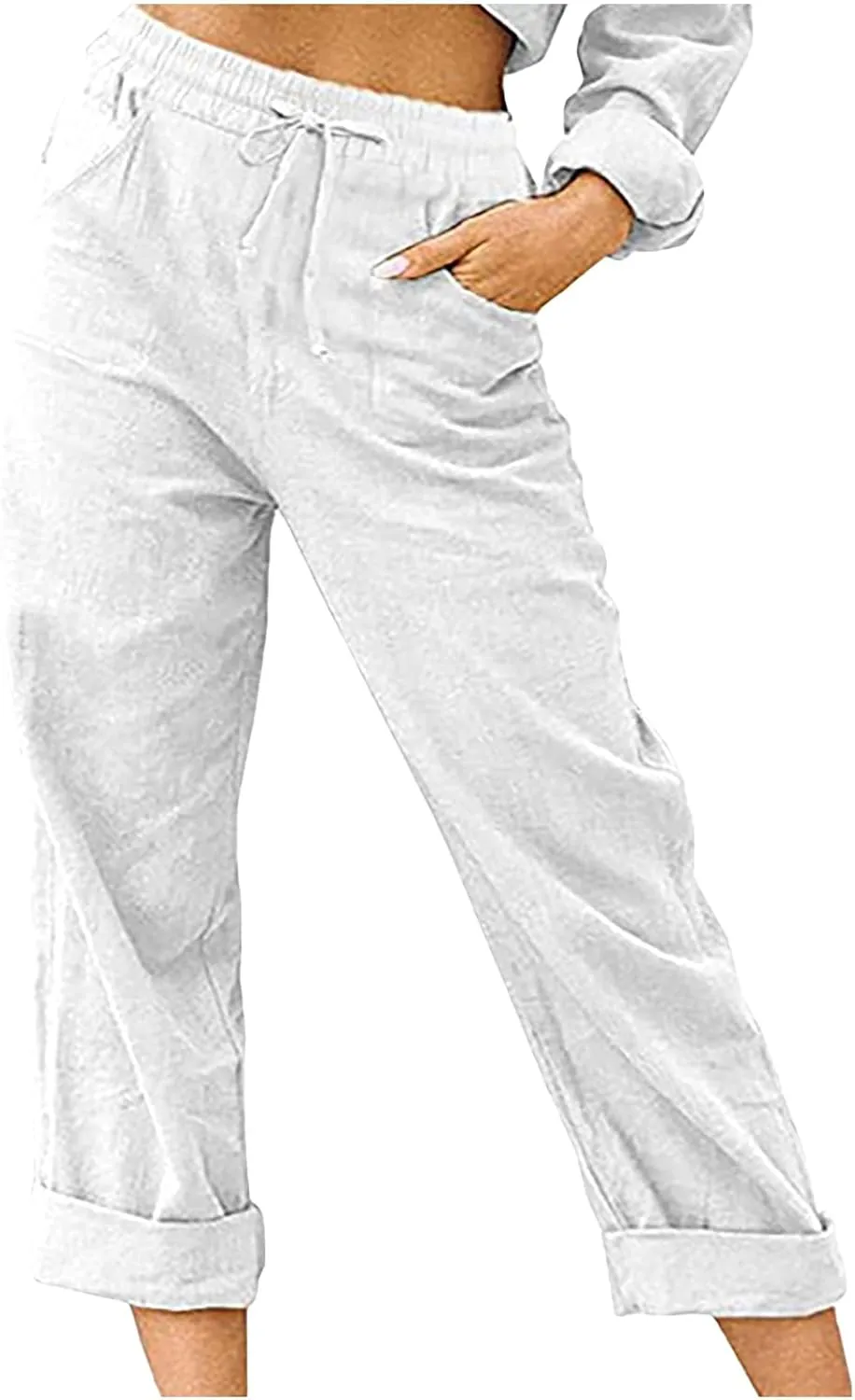 SMIDOW Women's Capris and Cropped Pants Drawstring Elastic High Waist Straight Leg Casual Loose Lounge Linen Pant Trousers