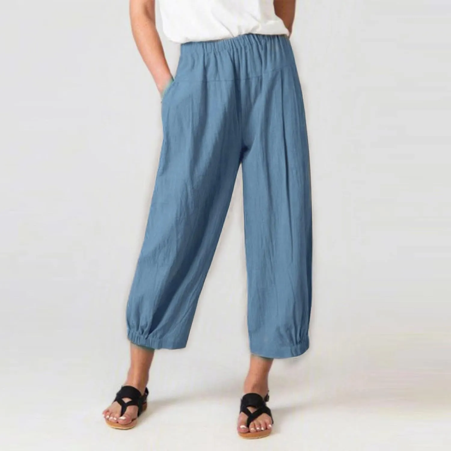 SMIDOW Women's Capris and Cropped Pants Dressy Casual Cotton Linen Pant Elastic High Waist Loose Wide Leg Long Trousers