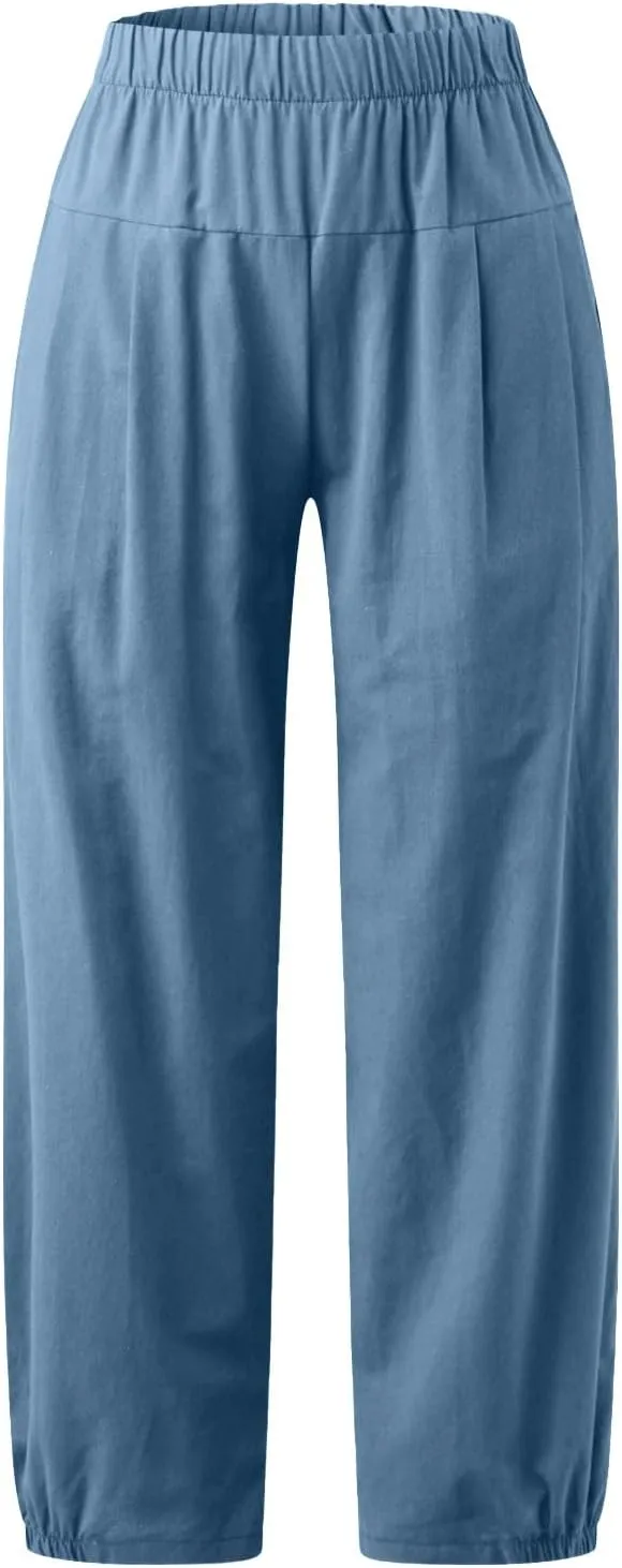 SMIDOW Women's Capris and Cropped Pants Dressy Casual Cotton Linen Pant Elastic High Waist Loose Wide Leg Long Trousers