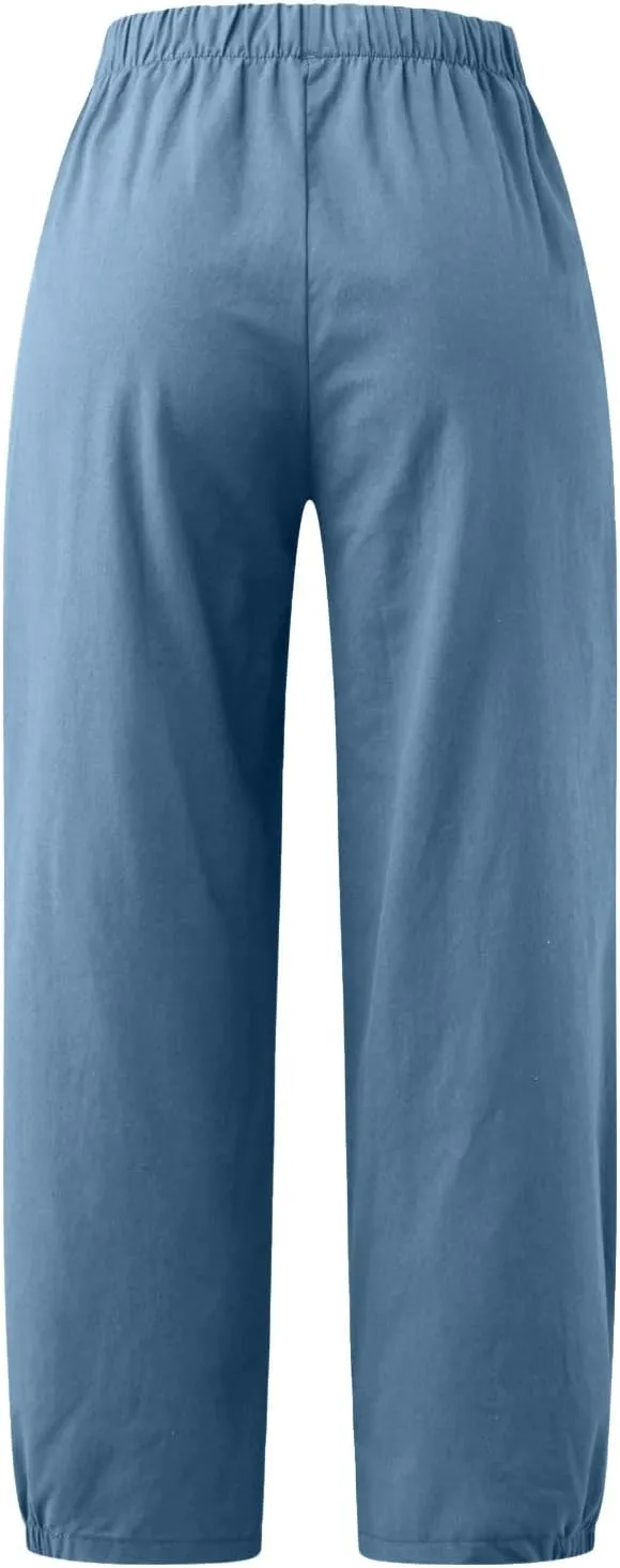 SMIDOW Women's Capris and Cropped Pants Dressy Casual Cotton Linen Pant Elastic High Waist Loose Wide Leg Long Trousers