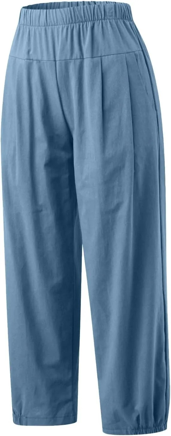 SMIDOW Women's Capris and Cropped Pants Dressy Casual Cotton Linen Pant Elastic High Waist Loose Wide Leg Long Trousers