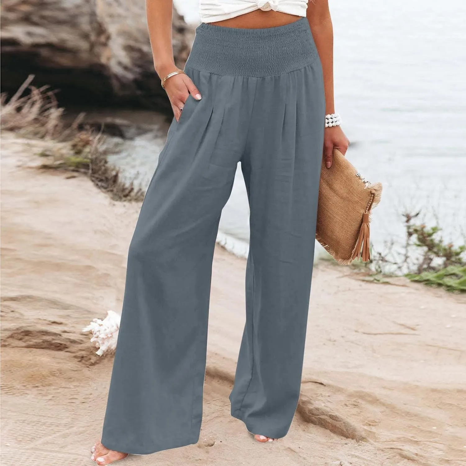 SMIDOW Women's Wide Leg Pants Elastic High Waisted Cotton Linen Long Lounge Pants Business Casual Work Trousers