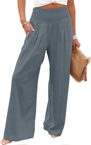 SMIDOW Women's Wide Leg Pants Elastic High Waisted Cotton Linen Long Lounge Pants Business Casual Work Trousers