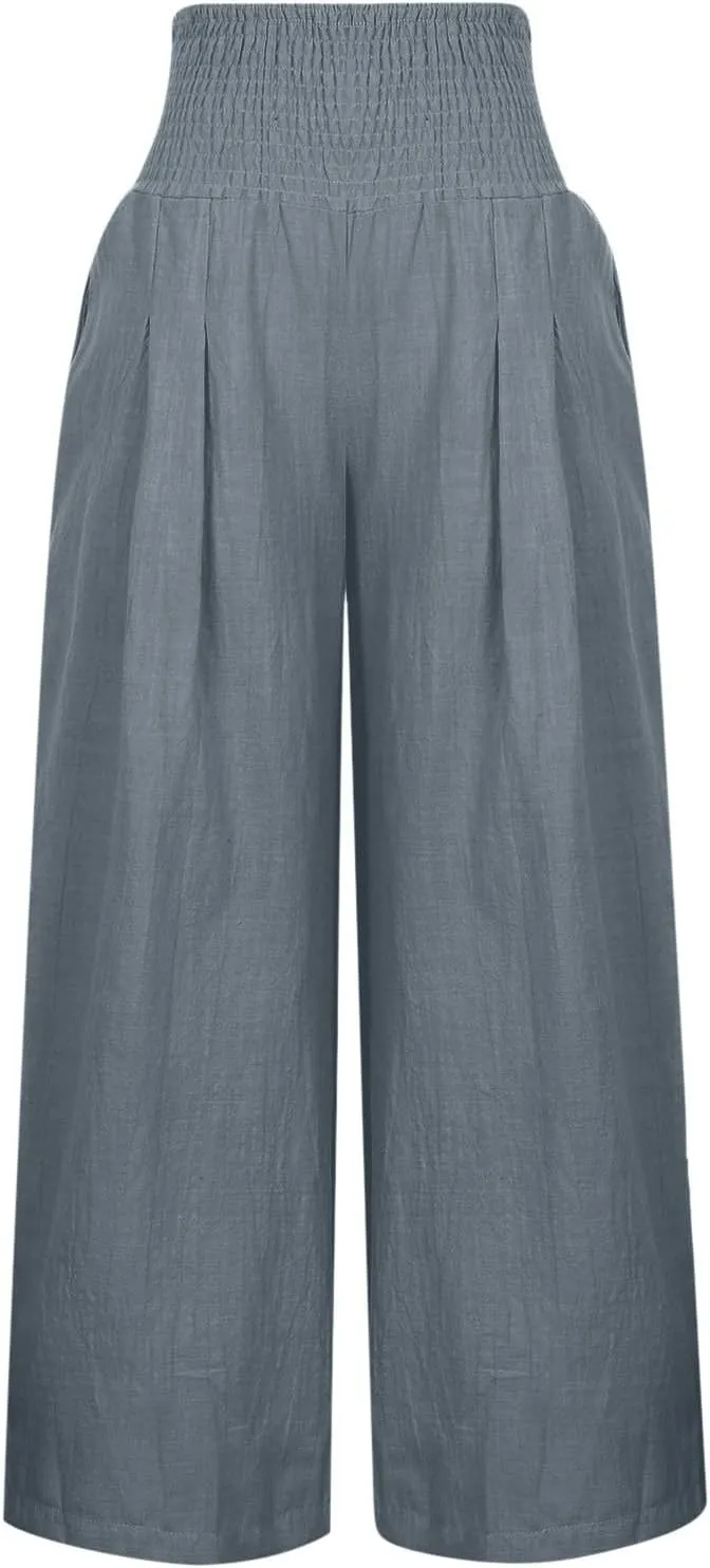 SMIDOW Women's Wide Leg Pants Elastic High Waisted Cotton Linen Long Lounge Pants Business Casual Work Trousers