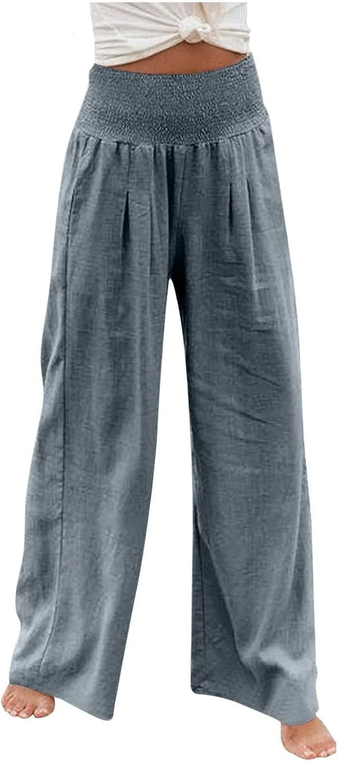 SMIDOW Women's Wide Leg Pants Elastic High Waisted Cotton Linen Long Lounge Pants Business Casual Work Trousers