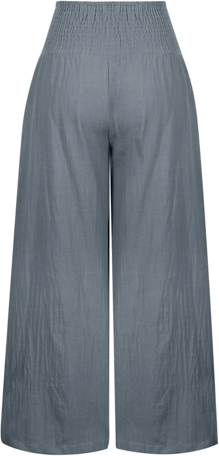 SMIDOW Women's Wide Leg Pants Elastic High Waisted Cotton Linen Long Lounge Pants Business Casual Work Trousers
