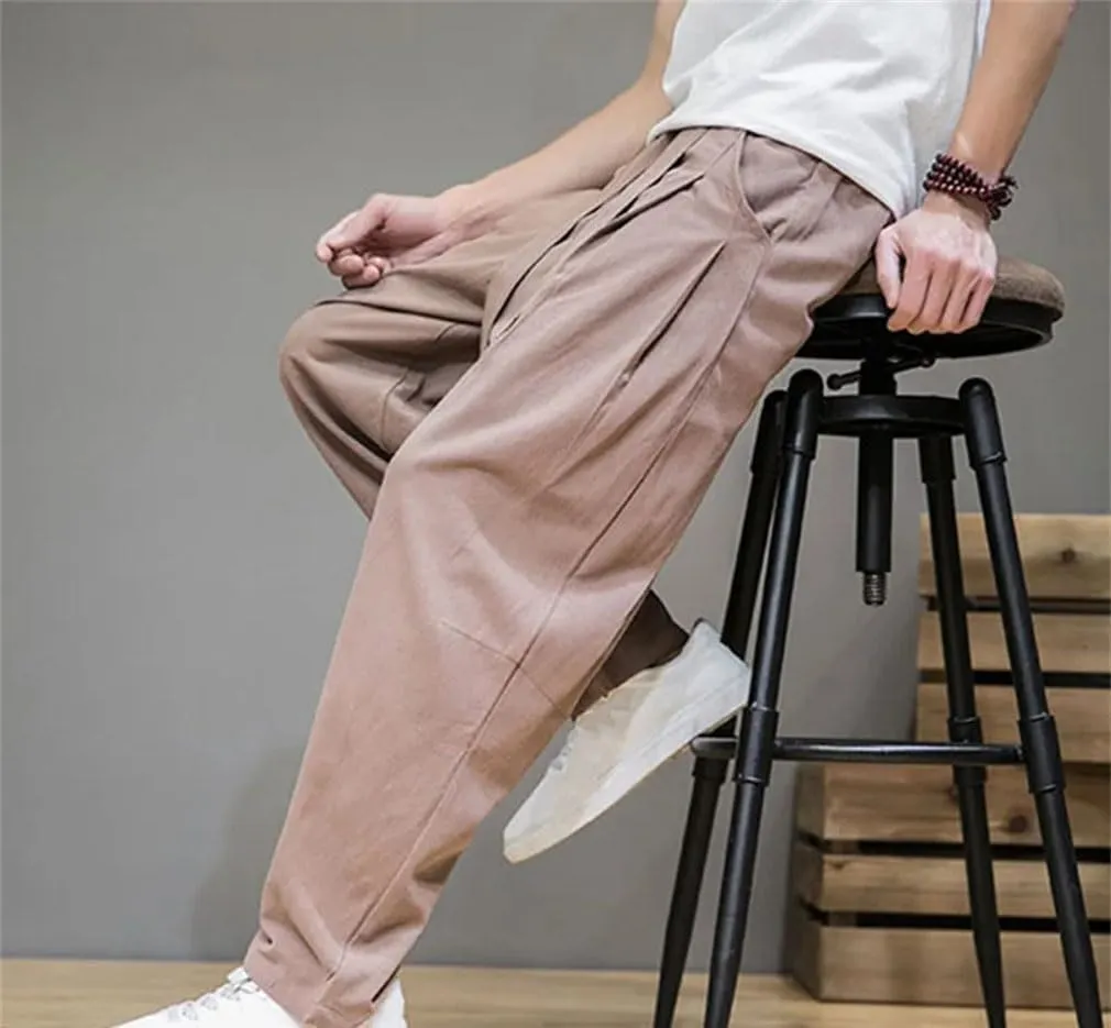 Spring Cotton Linen Pants Men Elastic Waist Casual Harem Pants Loose Sweatpants Traditional Chinese Trousers