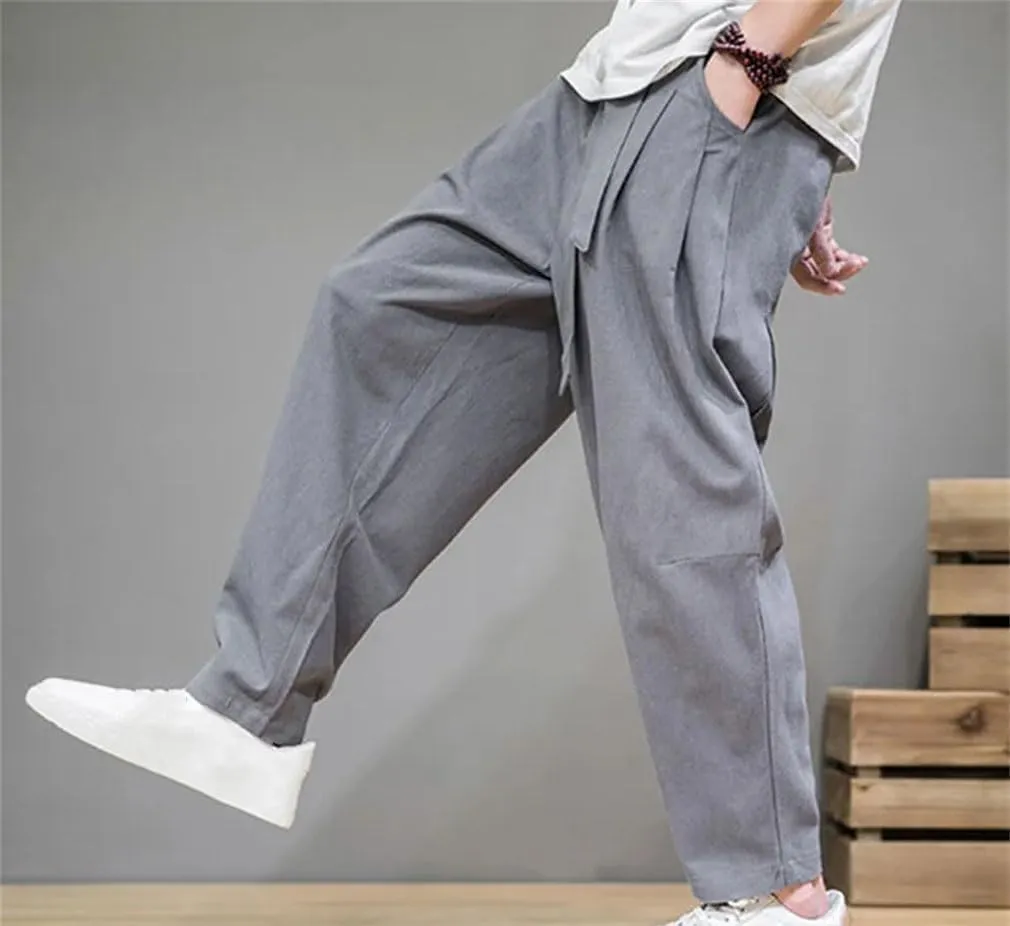 Spring Cotton Linen Pants Men Elastic Waist Casual Harem Pants Loose Sweatpants Traditional Chinese Trousers