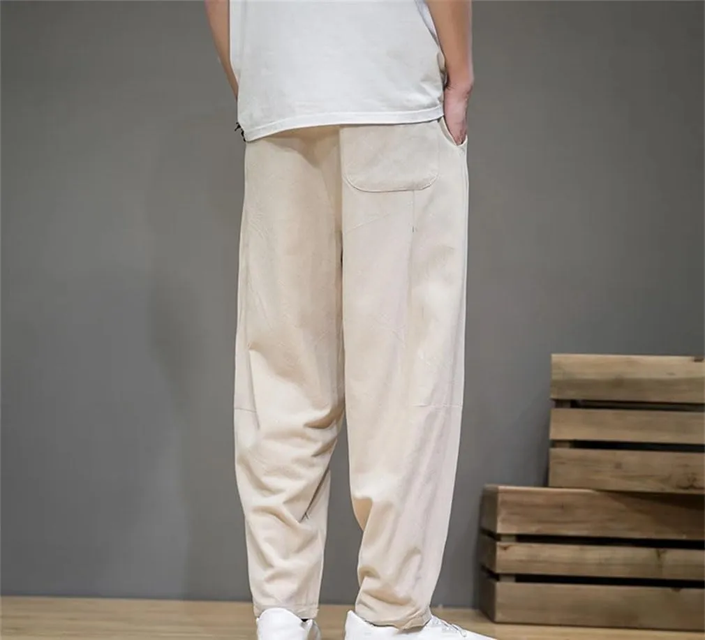 Spring Cotton Linen Pants Men Elastic Waist Casual Harem Pants Loose Sweatpants Traditional Chinese Trousers
