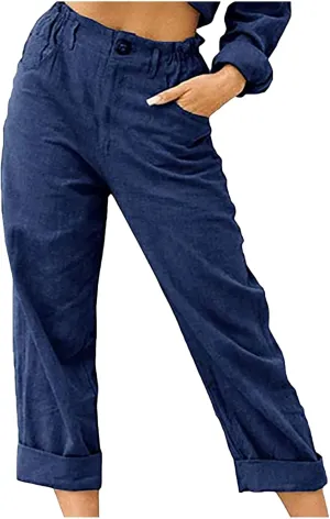 Spring Pants for Women 2023 Casual Straight Leg Elastic Waist Cropped Lounge Pant Trousers with Pockets
