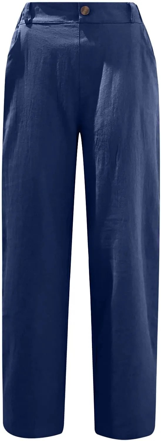 Spring Pants for Women 2023 Casual Straight Leg Elastic Waist Cropped Lounge Pant Trousers with Pockets