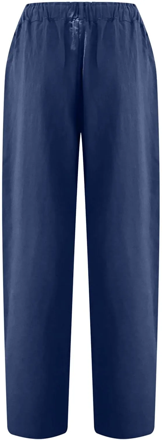 Spring Pants for Women 2023 Casual Straight Leg Elastic Waist Cropped Lounge Pant Trousers with Pockets
