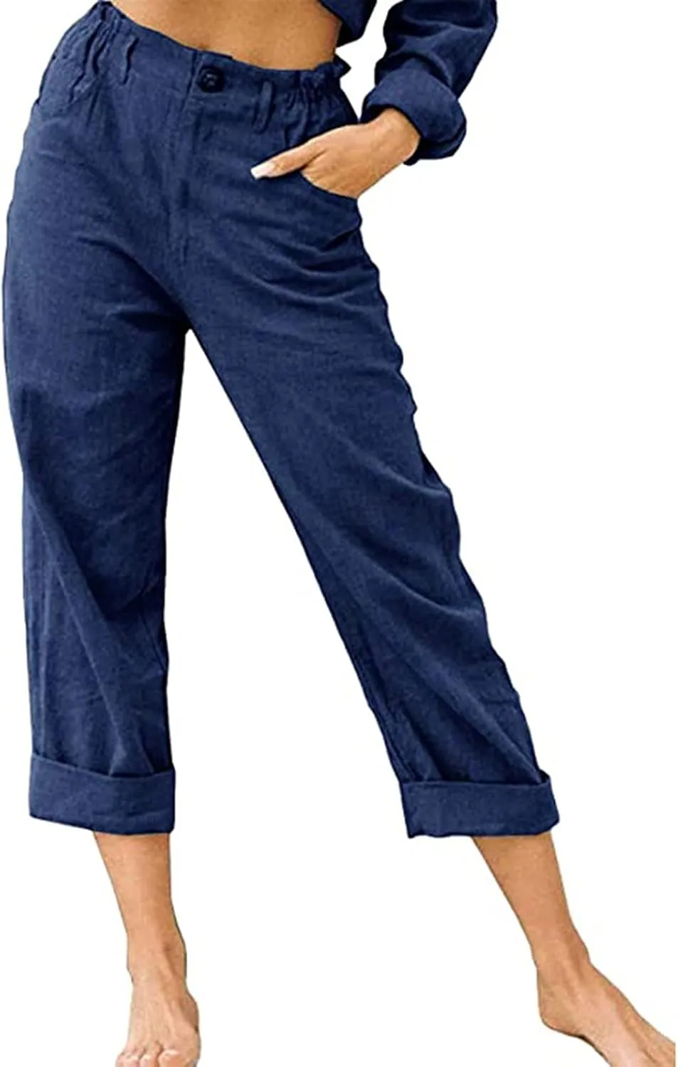 Spring Pants for Women 2023 Casual Straight Leg Elastic Waist Cropped Lounge Pant Trousers with Pockets