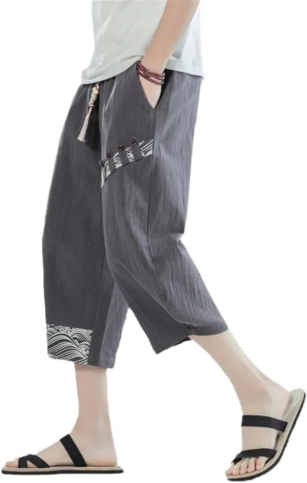 Street Style Loose Men' Harem Pants Ocean Waves Auspicious Clouds Print Trend Seven-Point Wide-Leg Youth