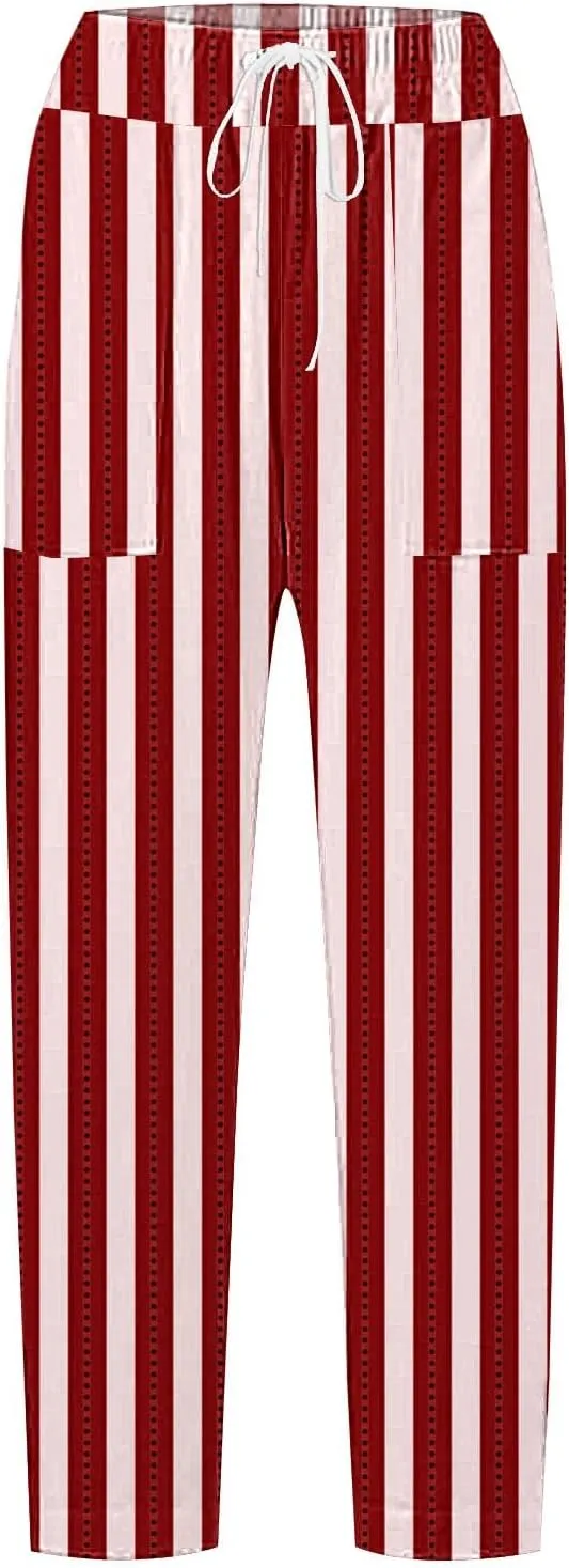 Striped Linen Pants for Women 2025 Summer Straight Leg Cropped Lounge Pant Lightweight Beach Trousers with Pockets