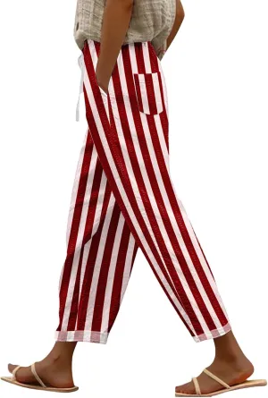 Striped Linen Pants for Women 2025 Summer Straight Leg Cropped Lounge Pant Lightweight Beach Trousers with Pockets