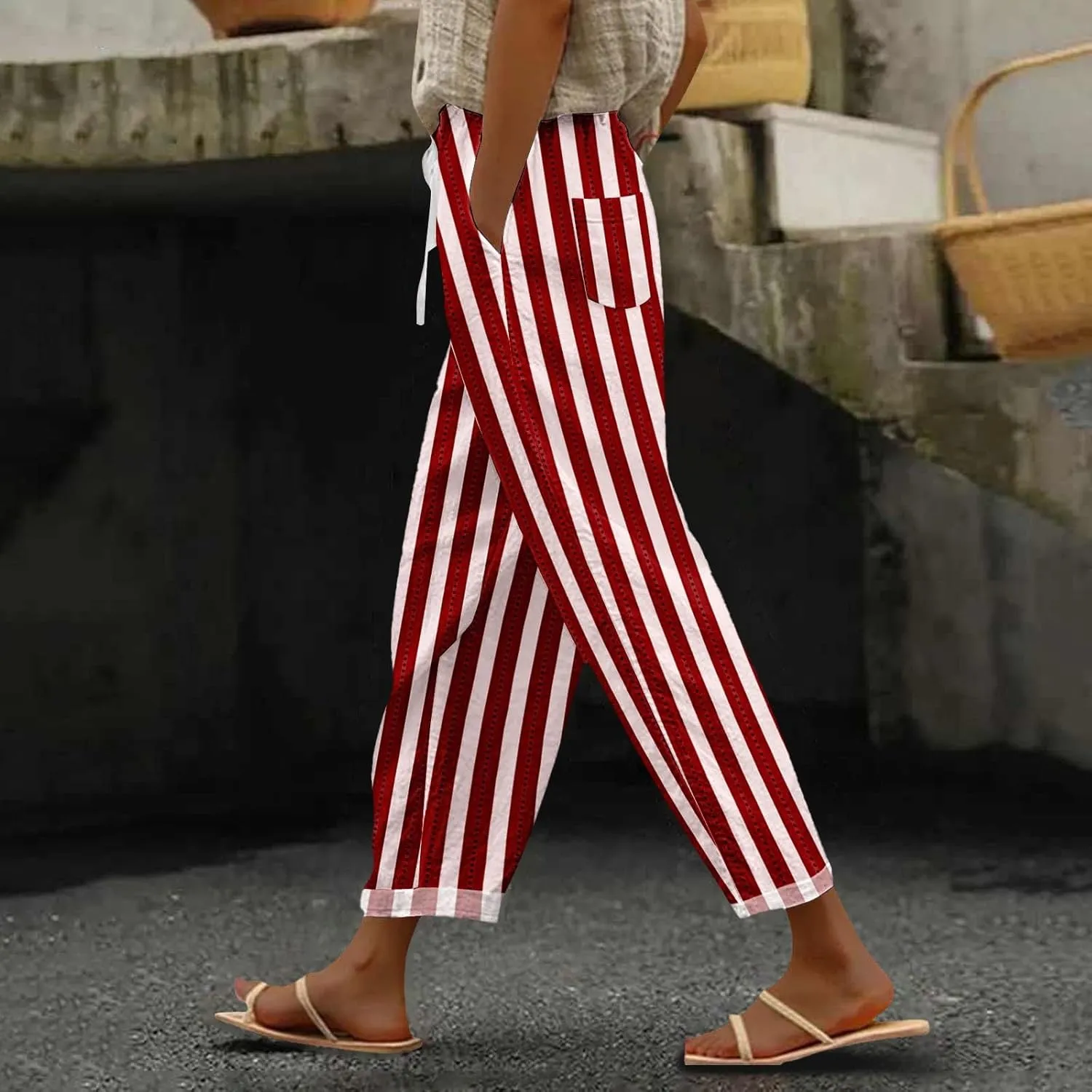 Striped Linen Pants for Women 2025 Summer Straight Leg Cropped Lounge Pant Lightweight Beach Trousers with Pockets