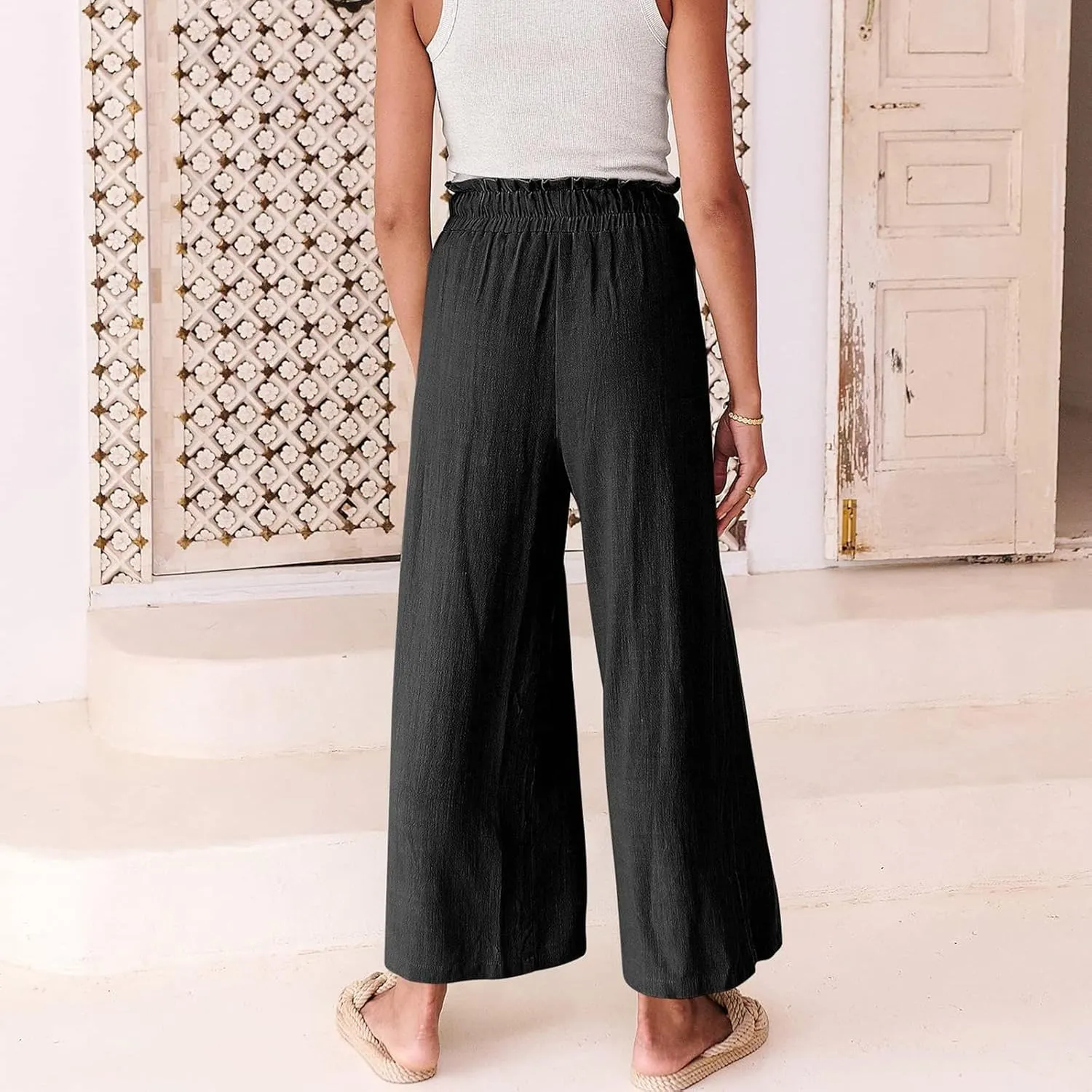 Summer Linen Pant for Women Wide Leg Palazzo Pants Casual Loose Ruffle Waist Capri Drawstring Beach Trousers