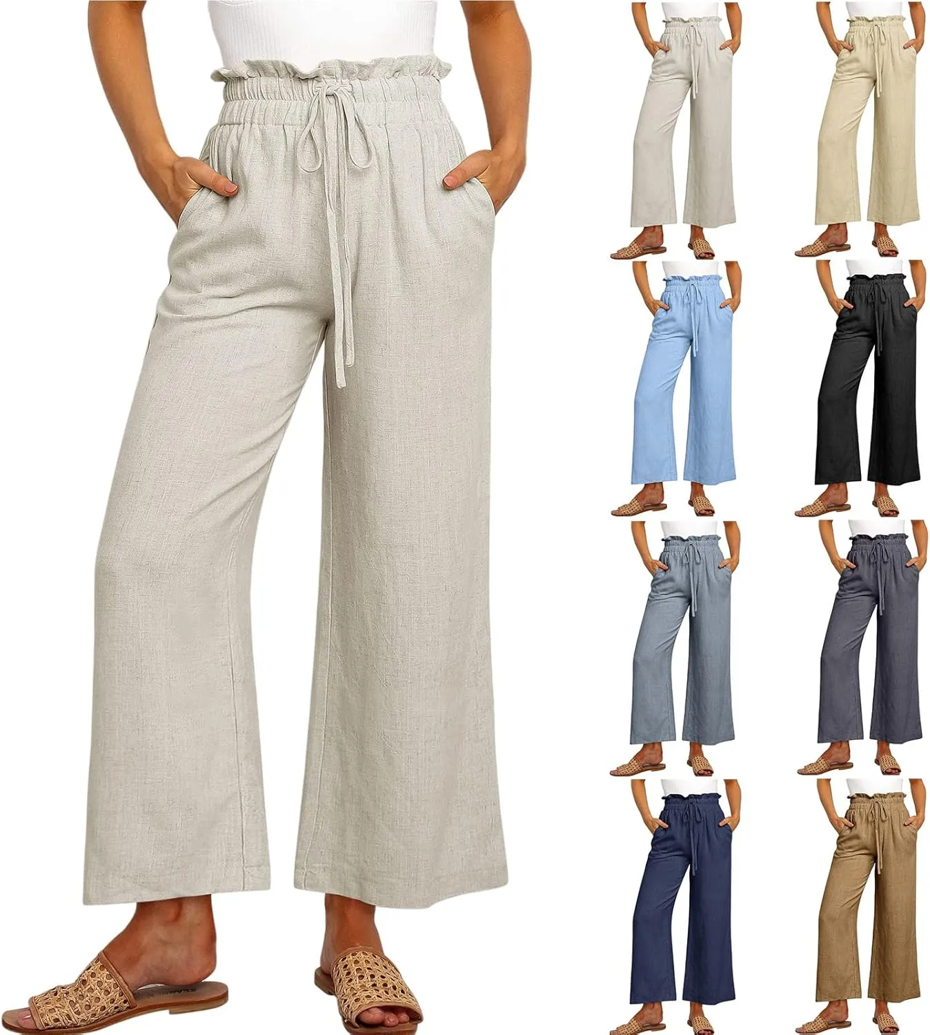 Summer Linen Pant for Women Wide Leg Palazzo Pants Casual Loose Ruffle Waist Capri Drawstring Beach Trousers