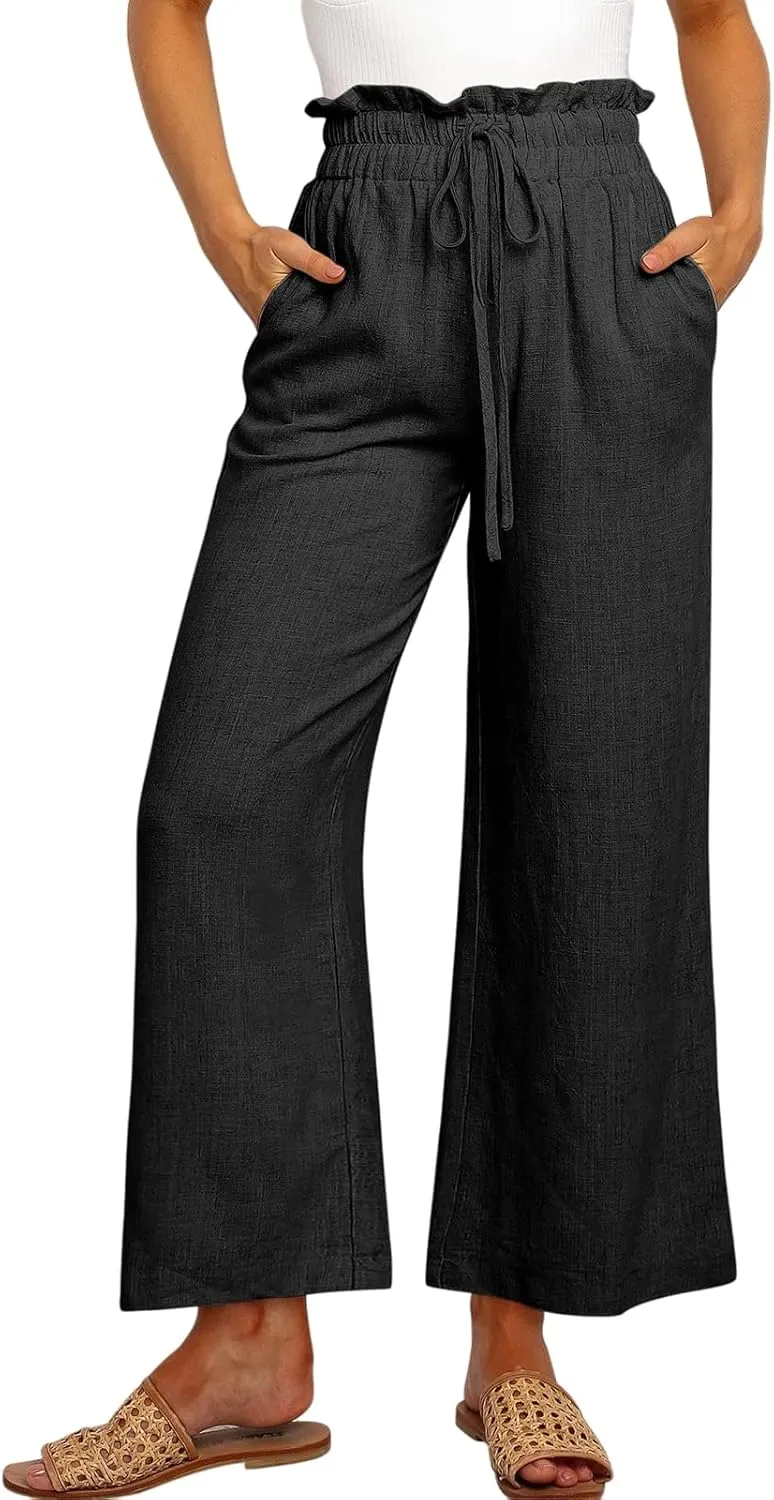 Summer Linen Pant for Women Wide Leg Palazzo Pants Casual Loose Ruffle Waist Capri Drawstring Beach Trousers