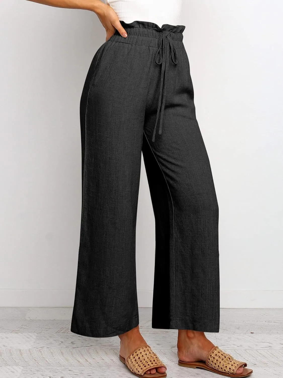Summer Linen Pant for Women Wide Leg Palazzo Pants Casual Loose Ruffle Waist Capri Drawstring Beach Trousers
